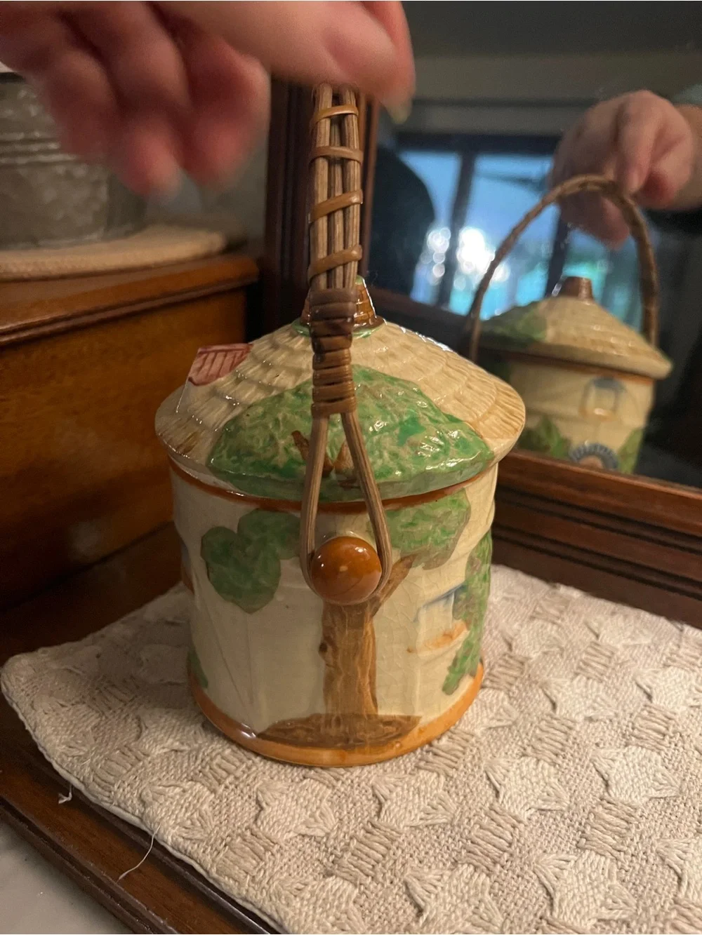 VINTAGE Japanese Majolica Cottage Ware Ceramic Hand Painted Biscuit Jar MCM